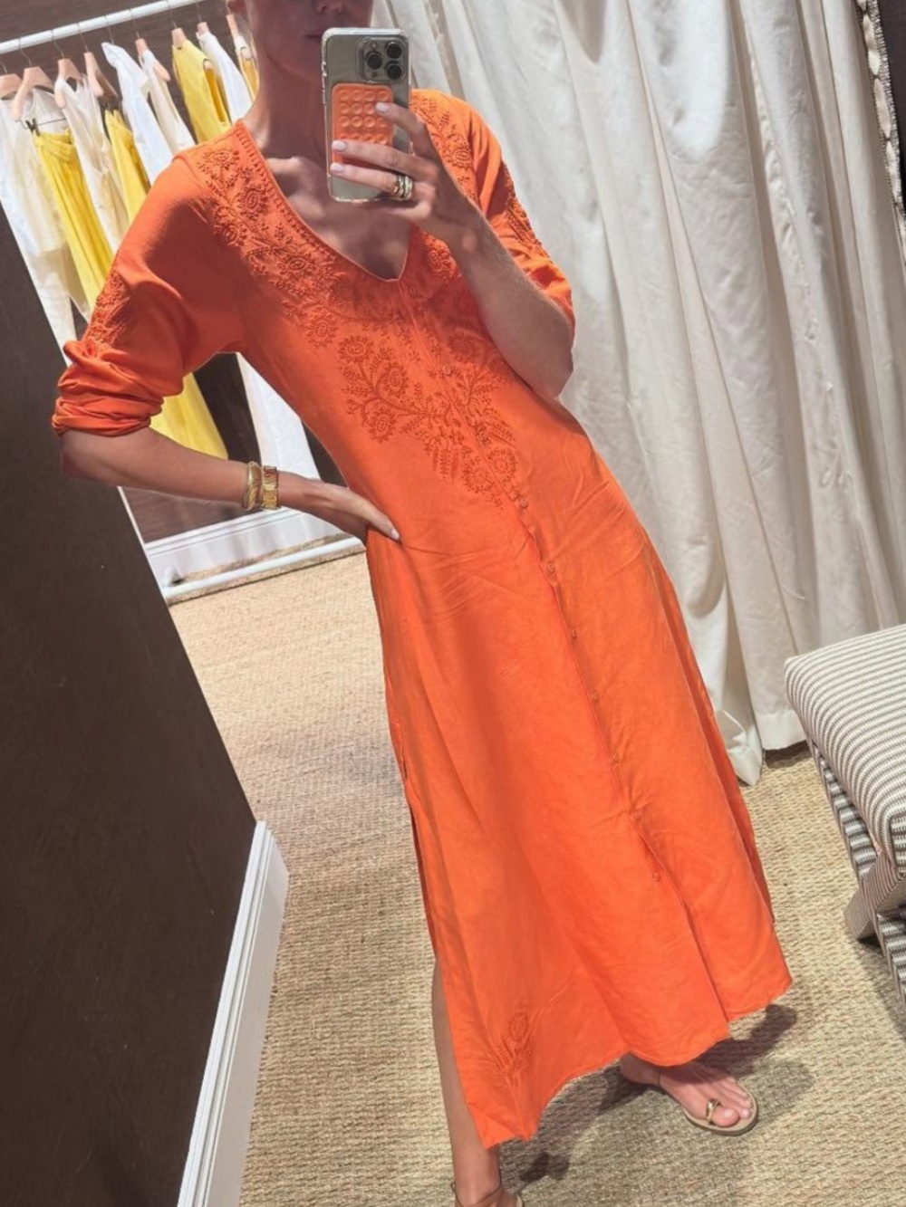Julia Amory Chloe Caftan Linen Orange Embroidered Button-Front Dress Extra Small